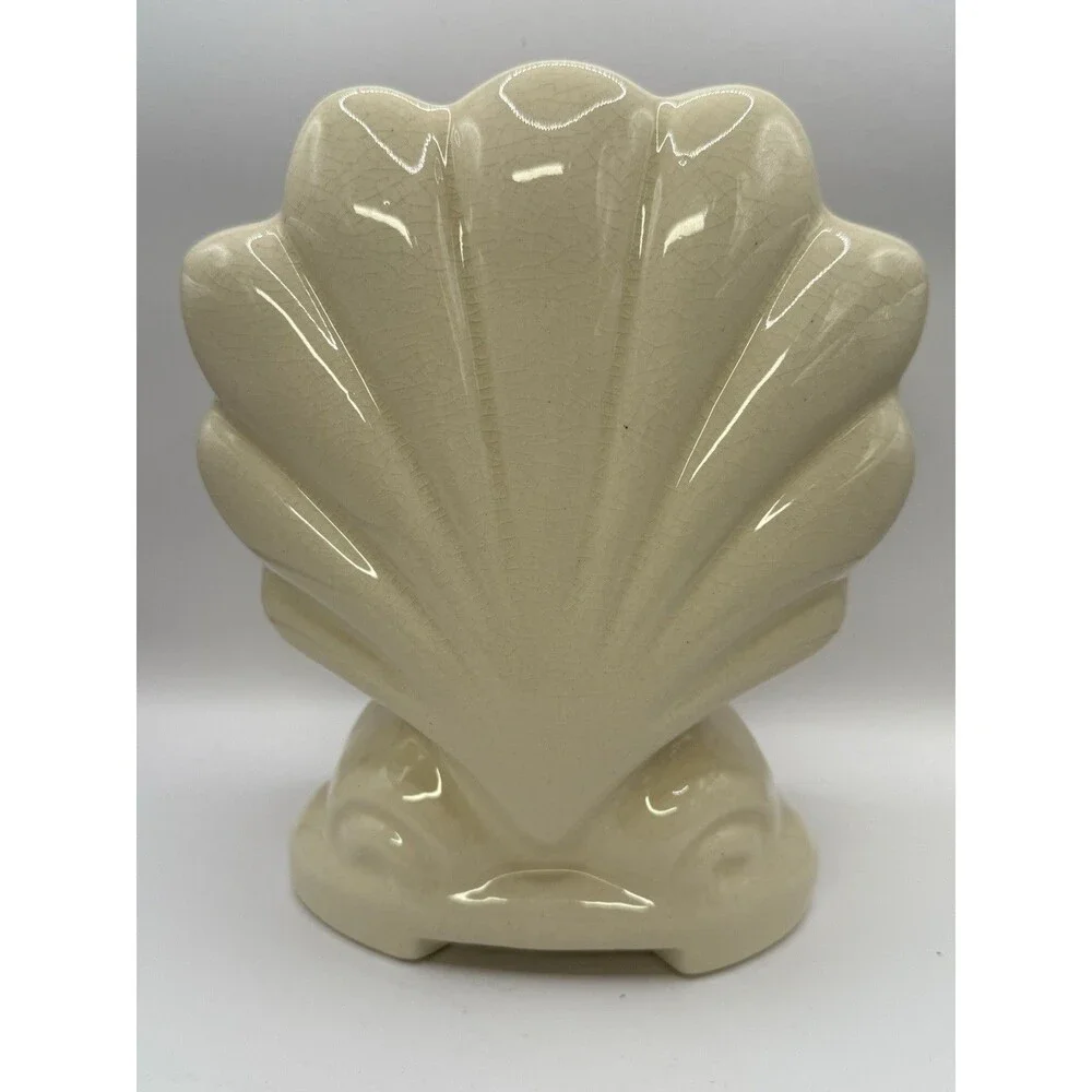 Footed Ceramic Cream Clam Shell Planter Vase Antique? American Bisque? - Picture 1 of 8